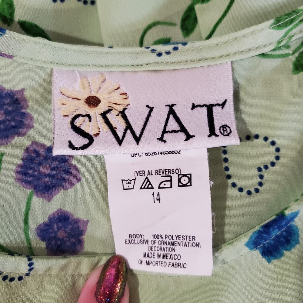Vtg SWAT Kids 90s y2k Floral Heart Sleeveless Tieback Dress Girl 14 Green Summer - Picture 4 of 8